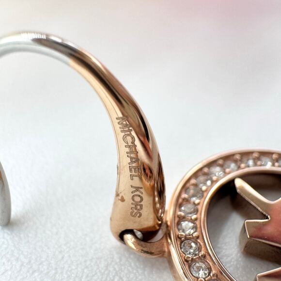 Michael Kors Rose Gold Tone Pavé Crystal MK Logo Dangle Earrings Designer Modern - Picture 9 of 14
